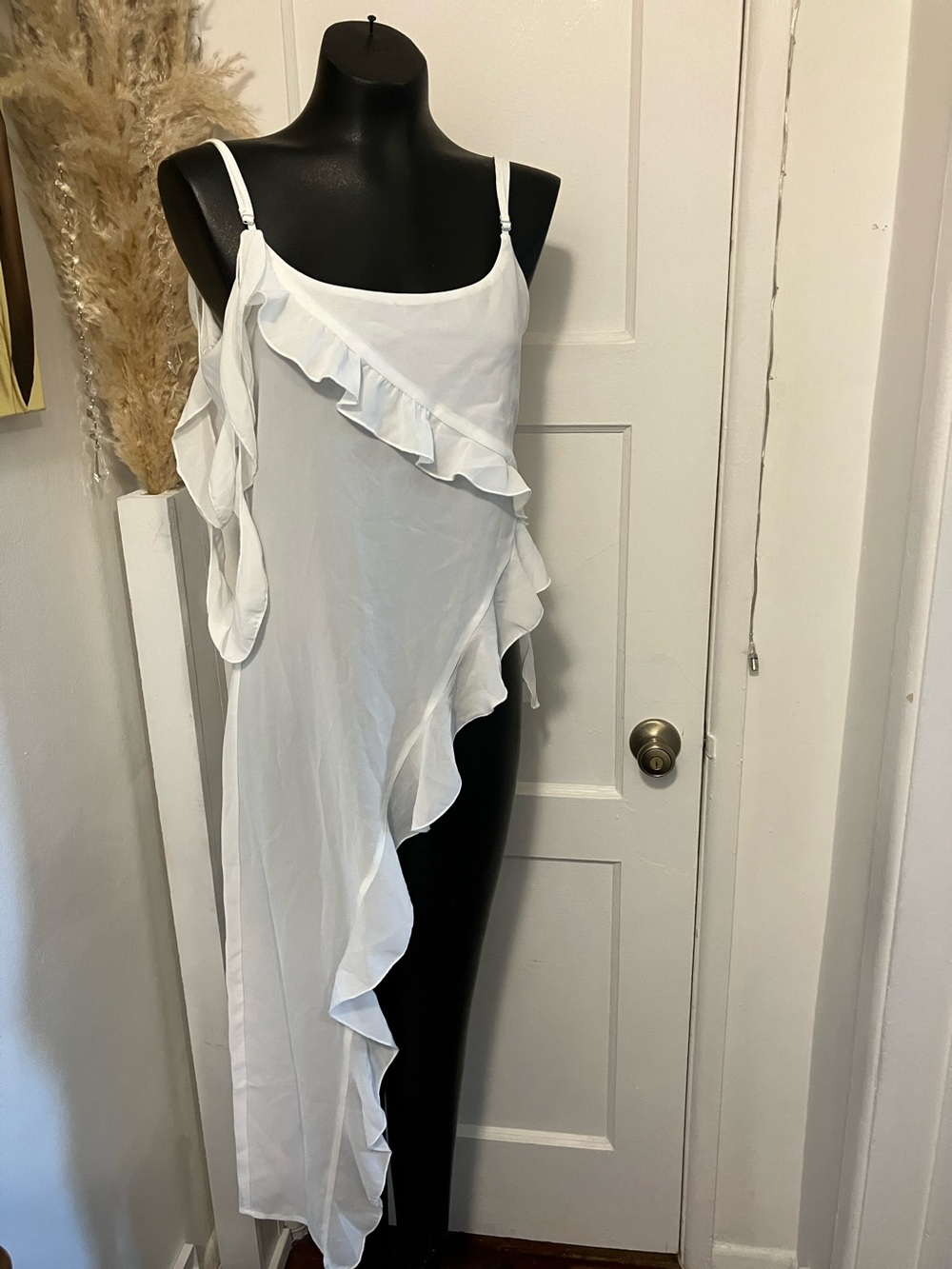 Fashion Nova White Asymmetrical Ruffle Slip Dress